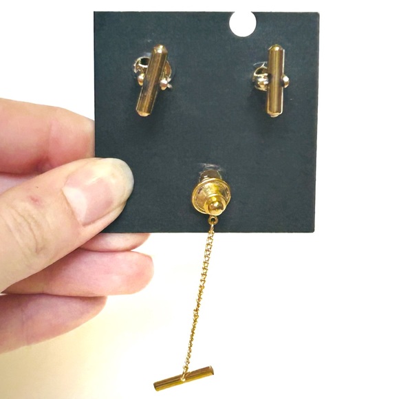 Vintage Marble Cuff Links and Tie Clip Tack with Chain Mexico Brown Creme Gold - Picture 7 of 13